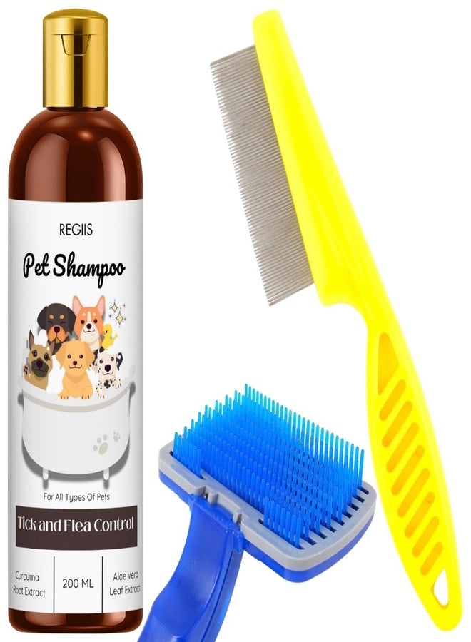 شامبو ريجيس للحيوانات الأليفة مع مكافحة القراد والبراغيث، خلاصة الكركم والصبار الطبيعية، 200 مل، مع مجموعة فرشاة للعناية بالكلاب - Image 1